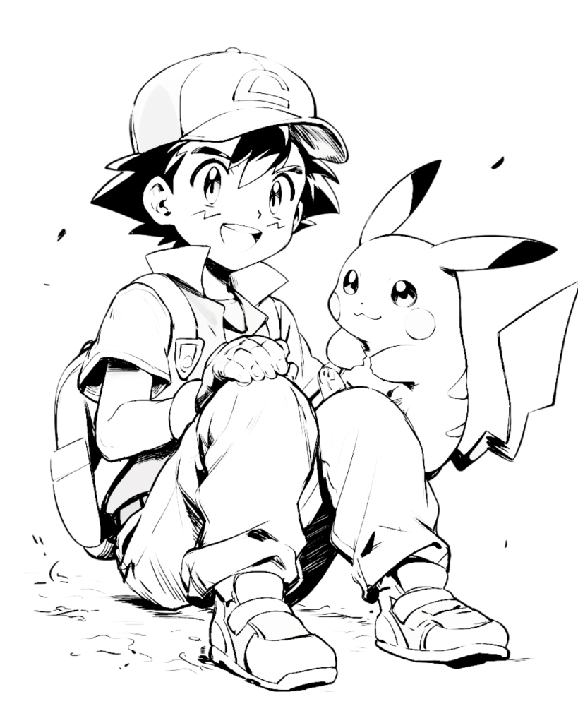 Cute Ash and Pikachu Coloring Page