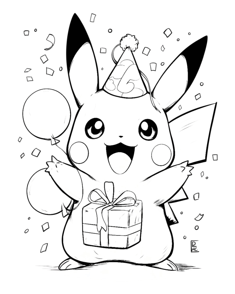 Kawaii Pikachu Birthday Coloring Page