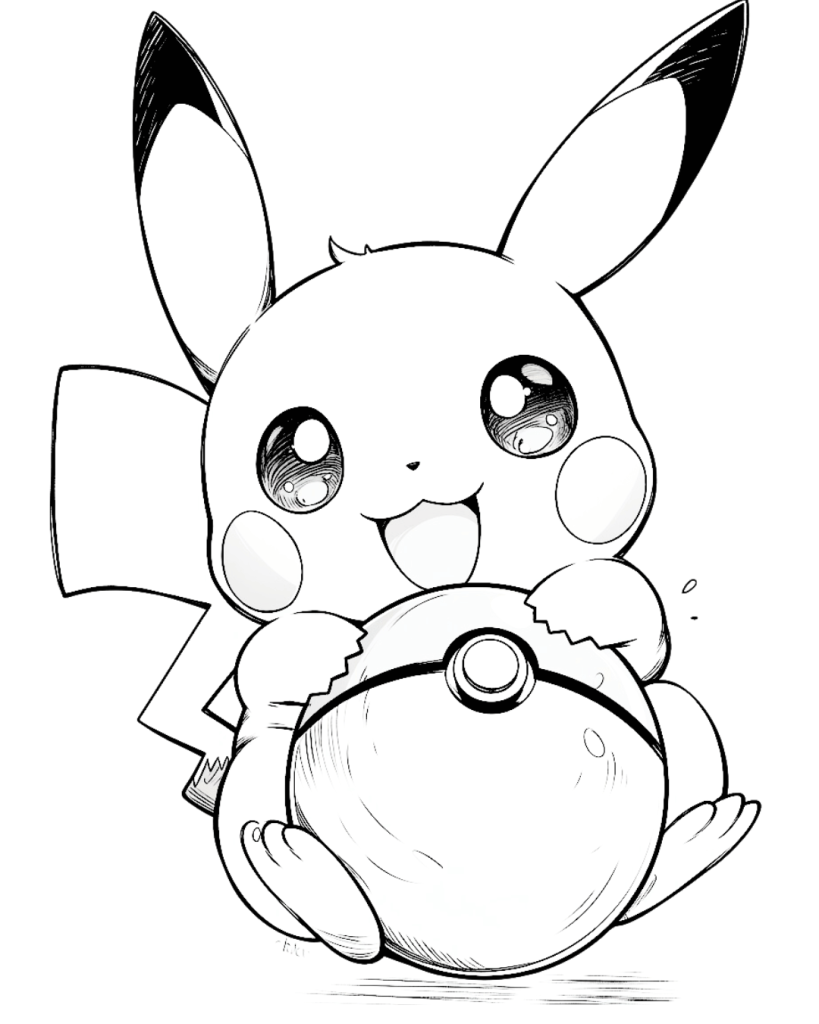 Pikachu Play with Pokeball Coloring Page