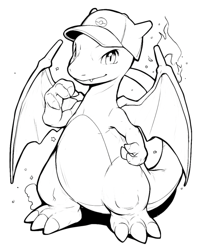 Cute Charizard with Hat Coloring Page