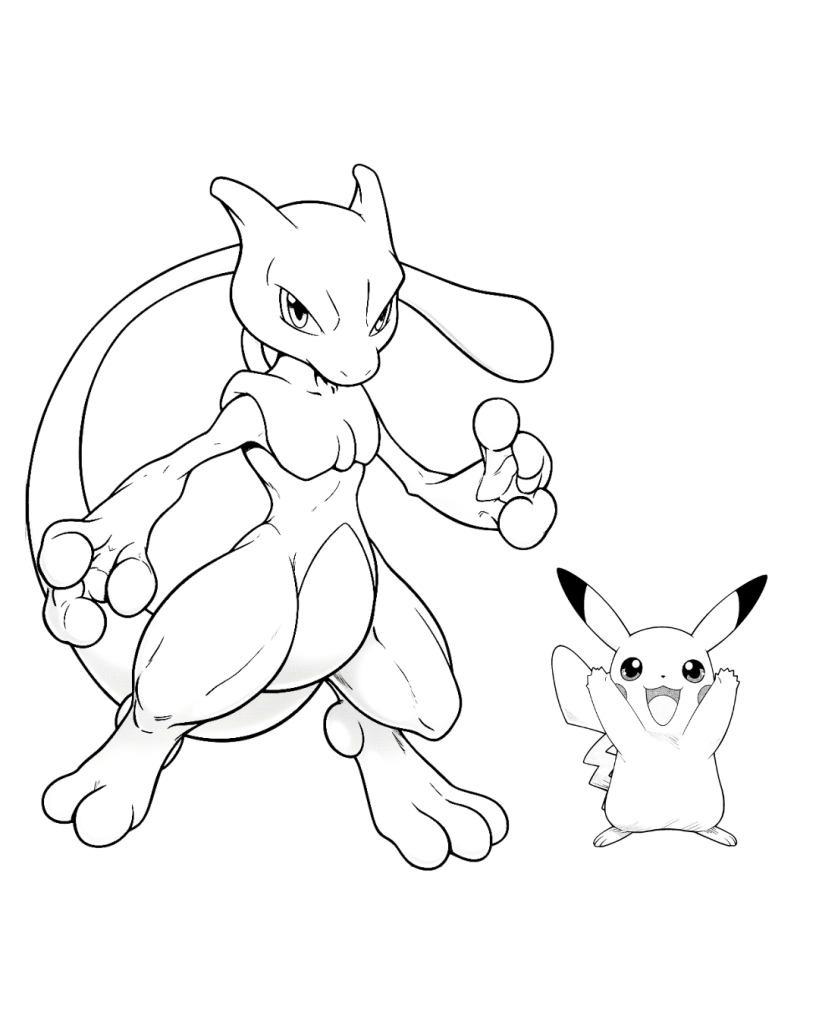 Mewtwo and Pikachu Coloring Page