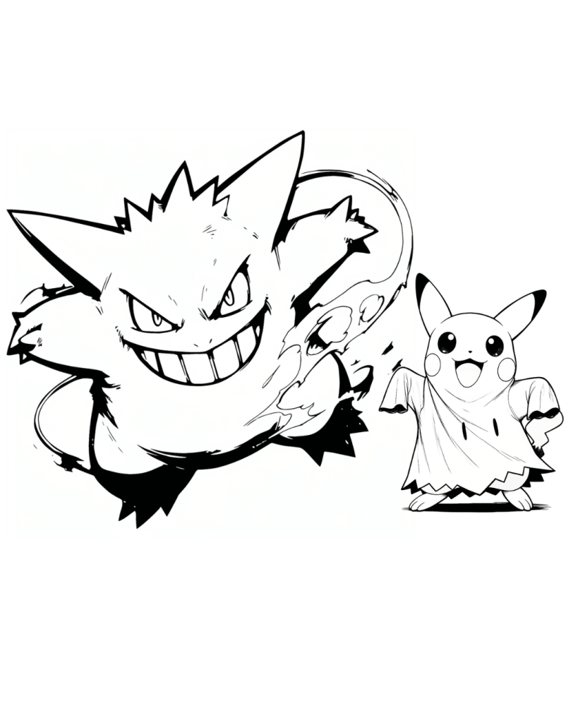 Gengar and Pikachu Coloring Page