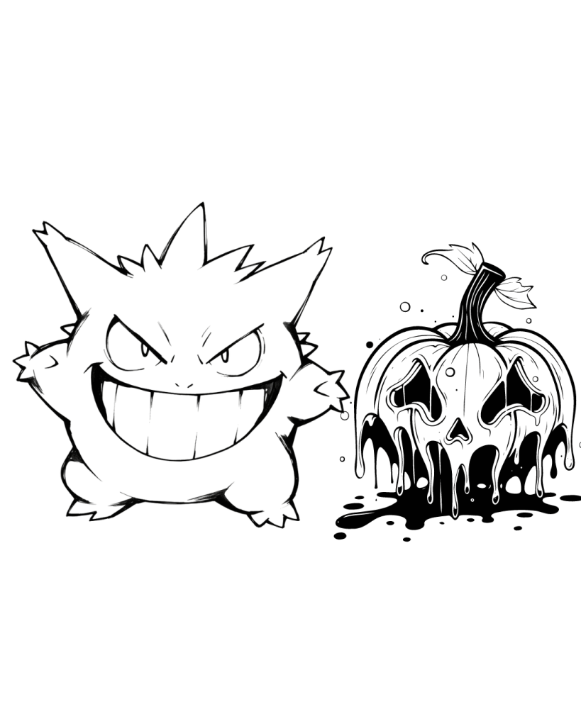 Gengar with Pumpkin Coloring Page