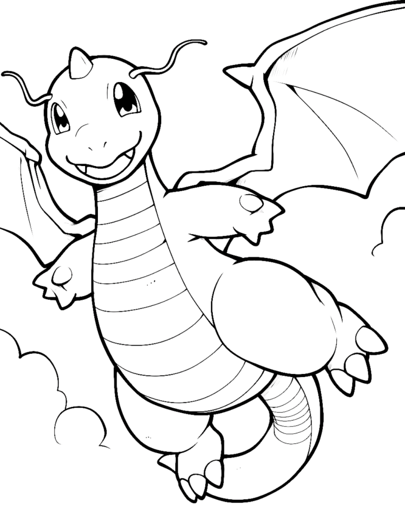 Dragonite Flying in Sky Coloring Page