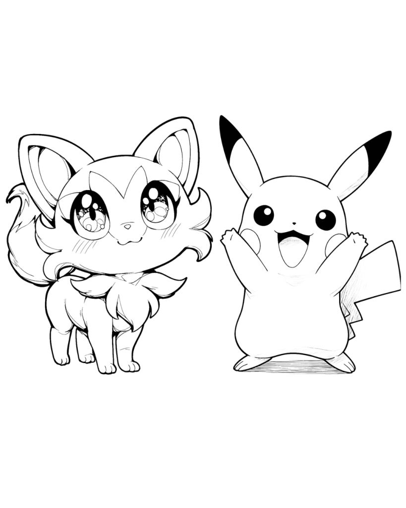 Sprigatito and Pikachu Coloring Page