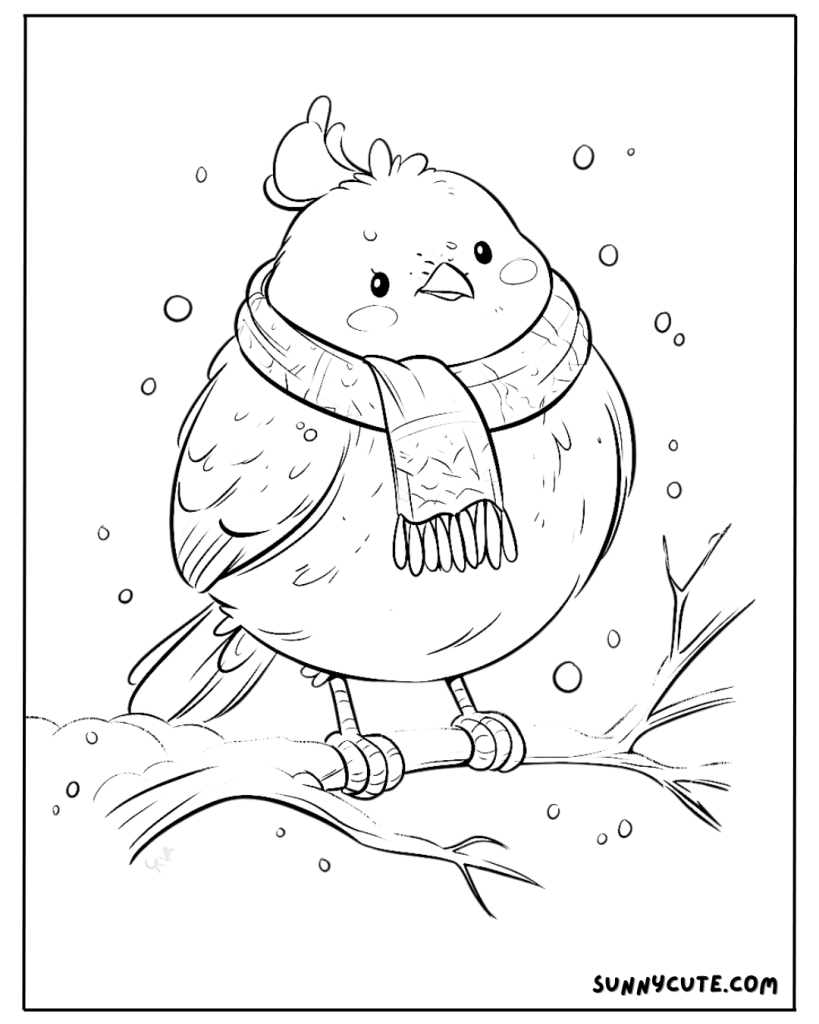 Bird on Snowy Day Coloring Page