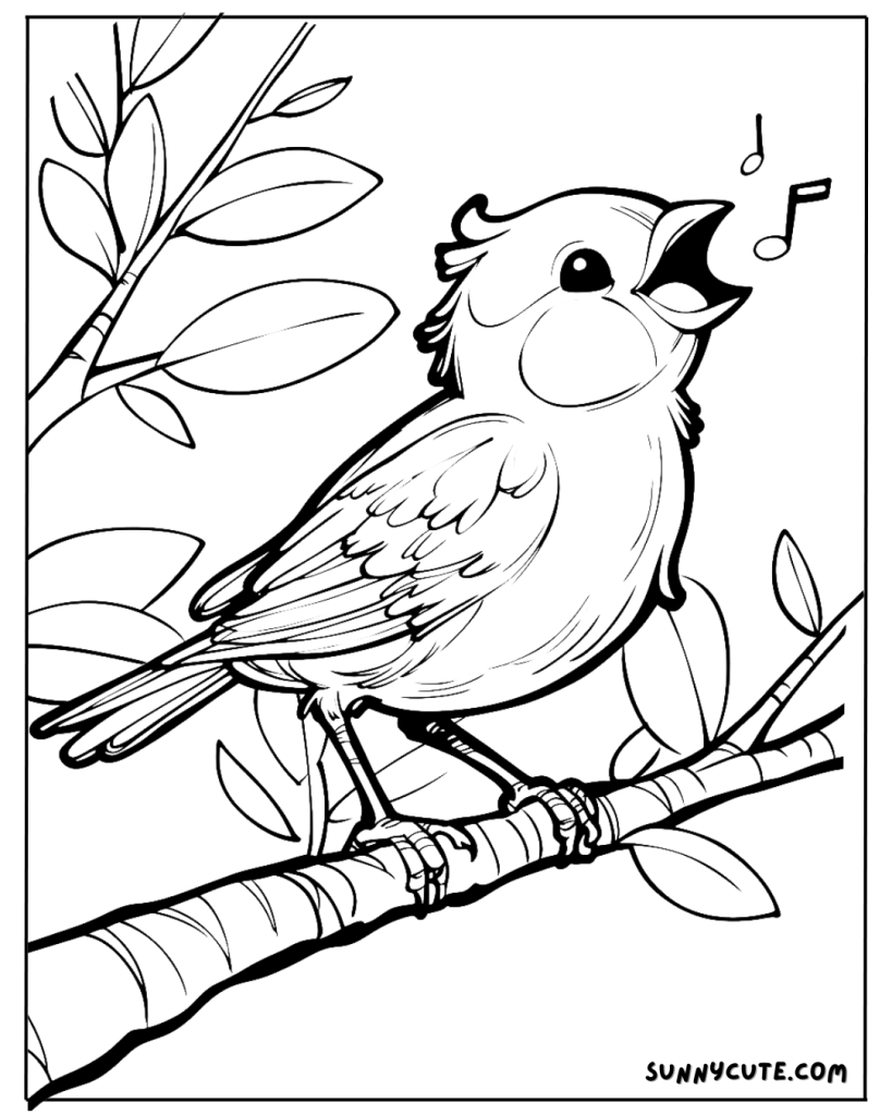 Kawaii Sparrow singing in a tree Coloring Page