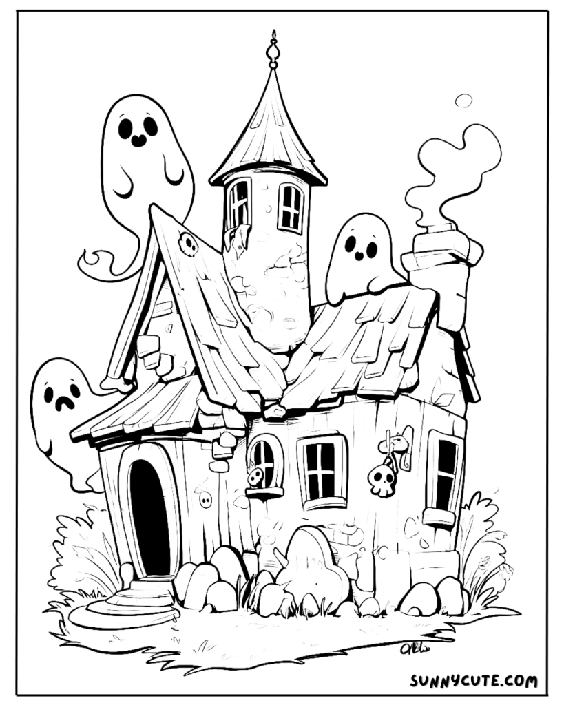 Ghost in a Haunted House Coloring Page