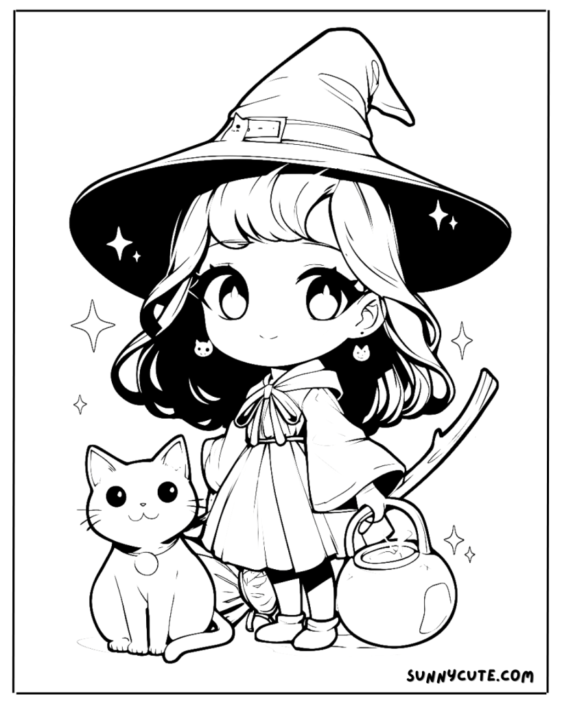 Witch with Cat Coloring Page