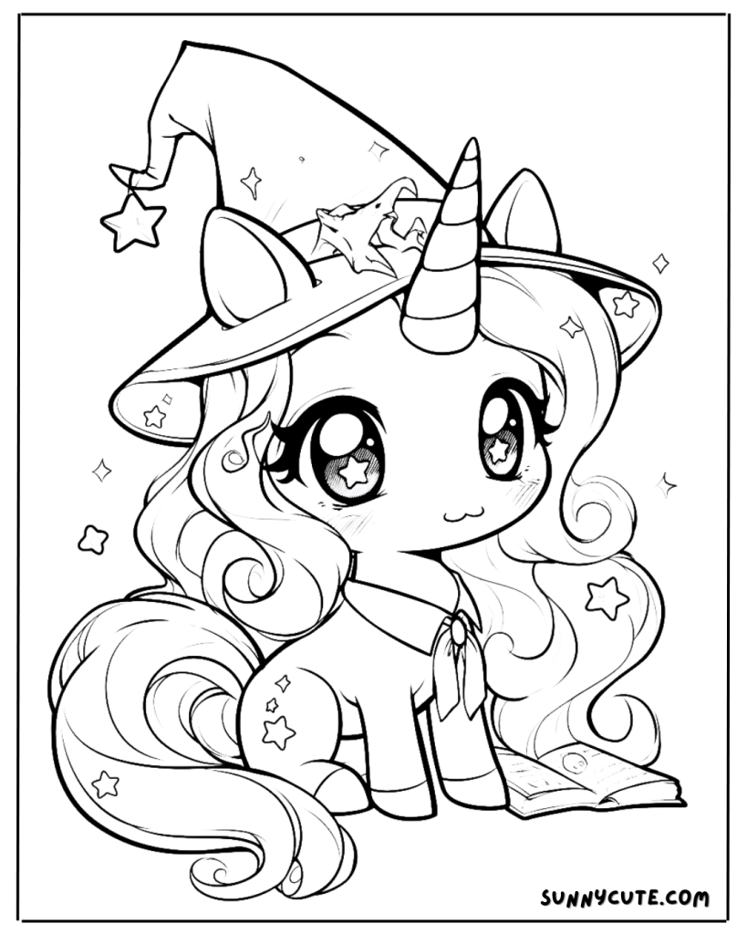 Unicorn witch coloring page
