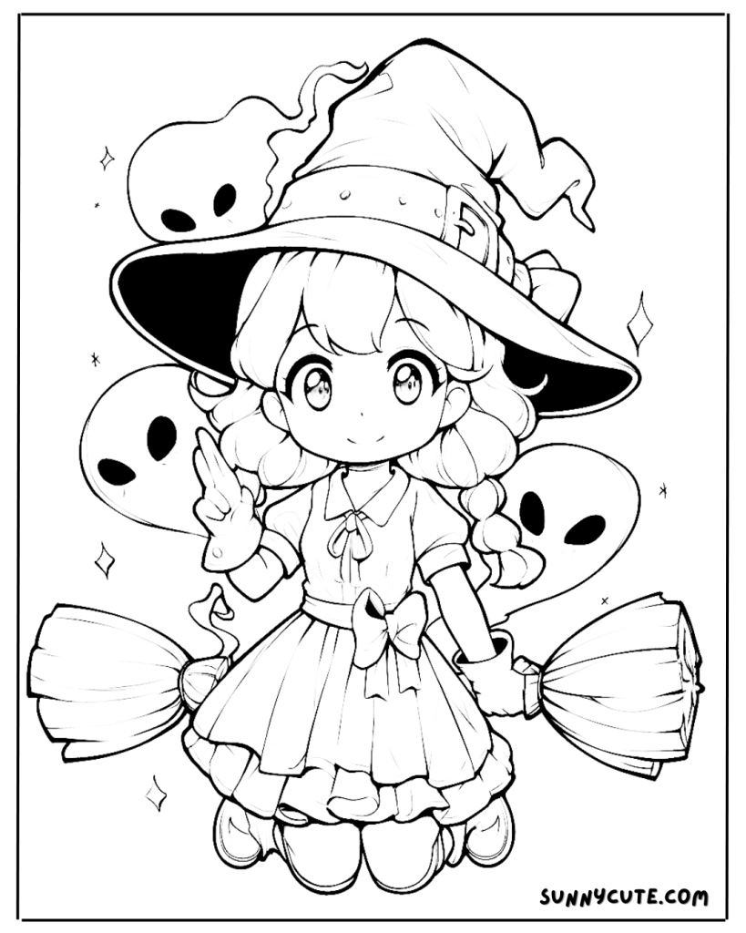 Witch and ghost coloring page
