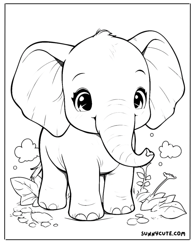 Kawaii elephant coloring page