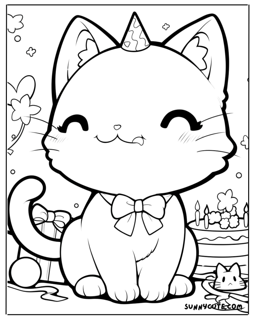 Birthday cat coloring page