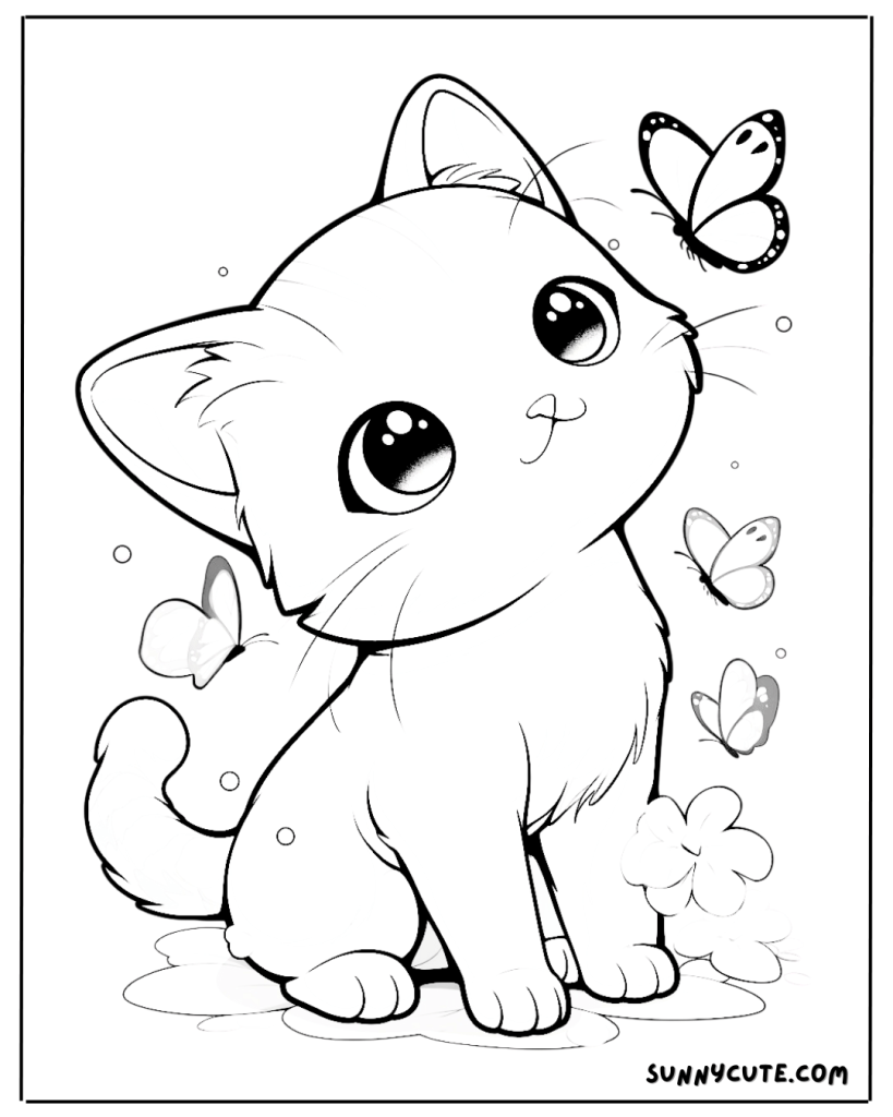 Cat with butterflies coloring page