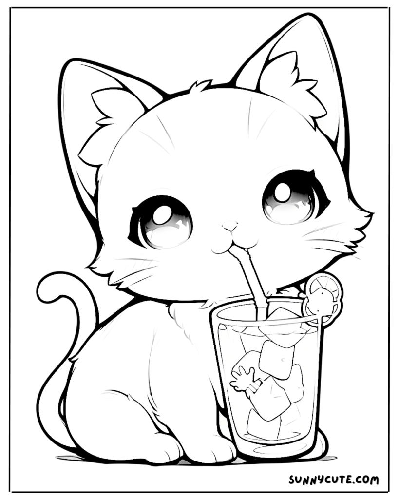 Cat drinking soda coloring page