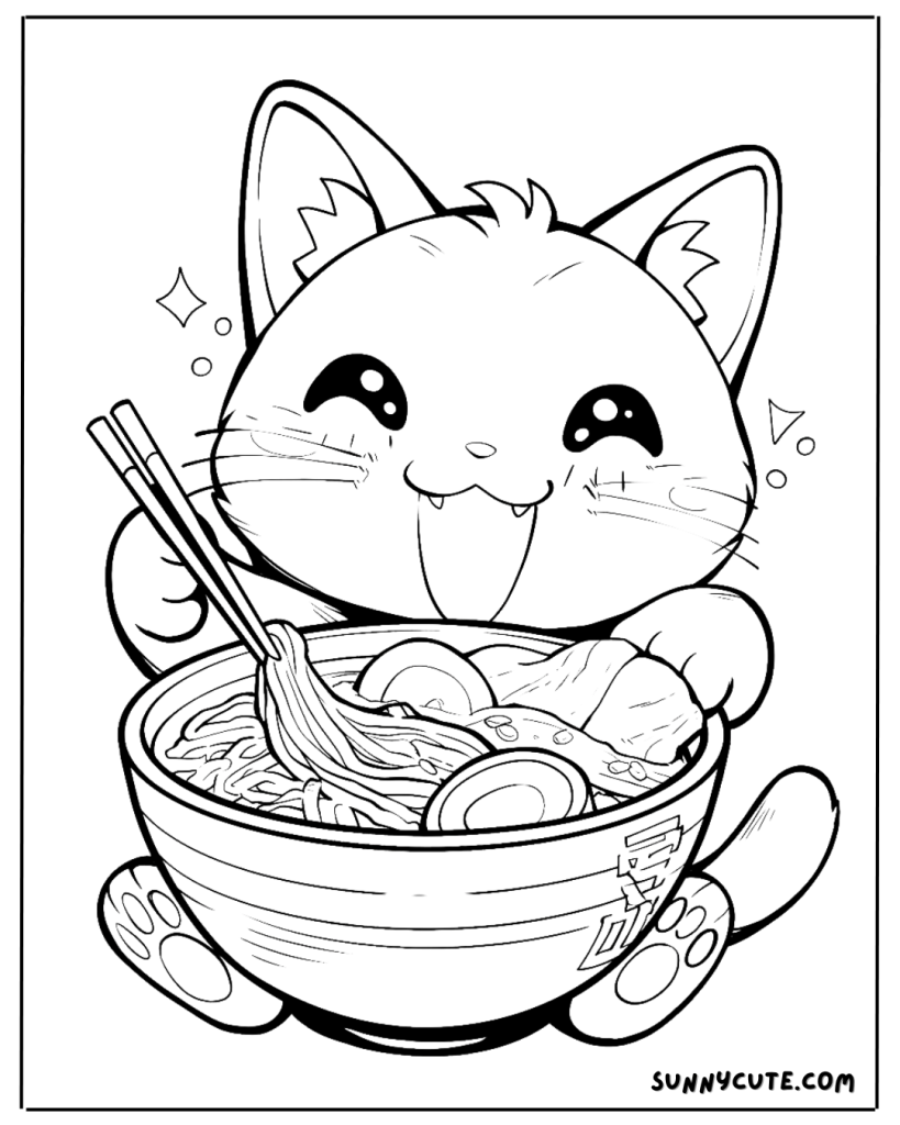 Cat  eating ramen coloring page