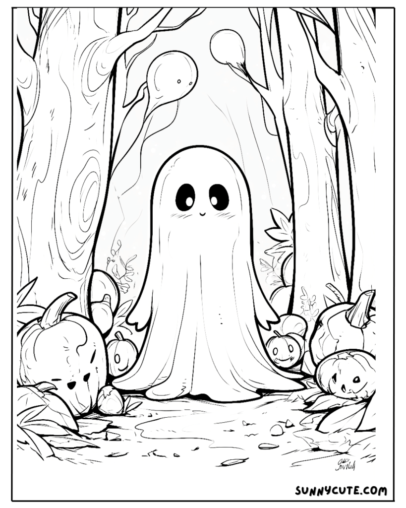 Ghost in a Spooky Forest Coloring Page