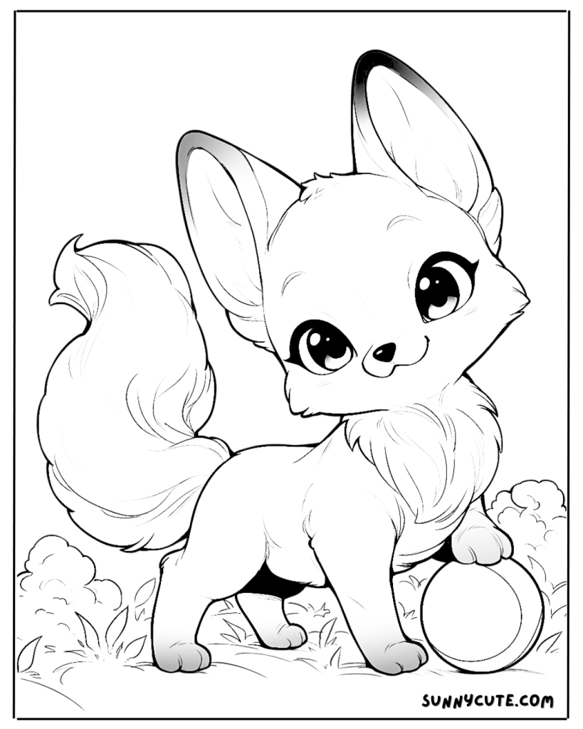 Kawaii Fox playing with ball coloring page