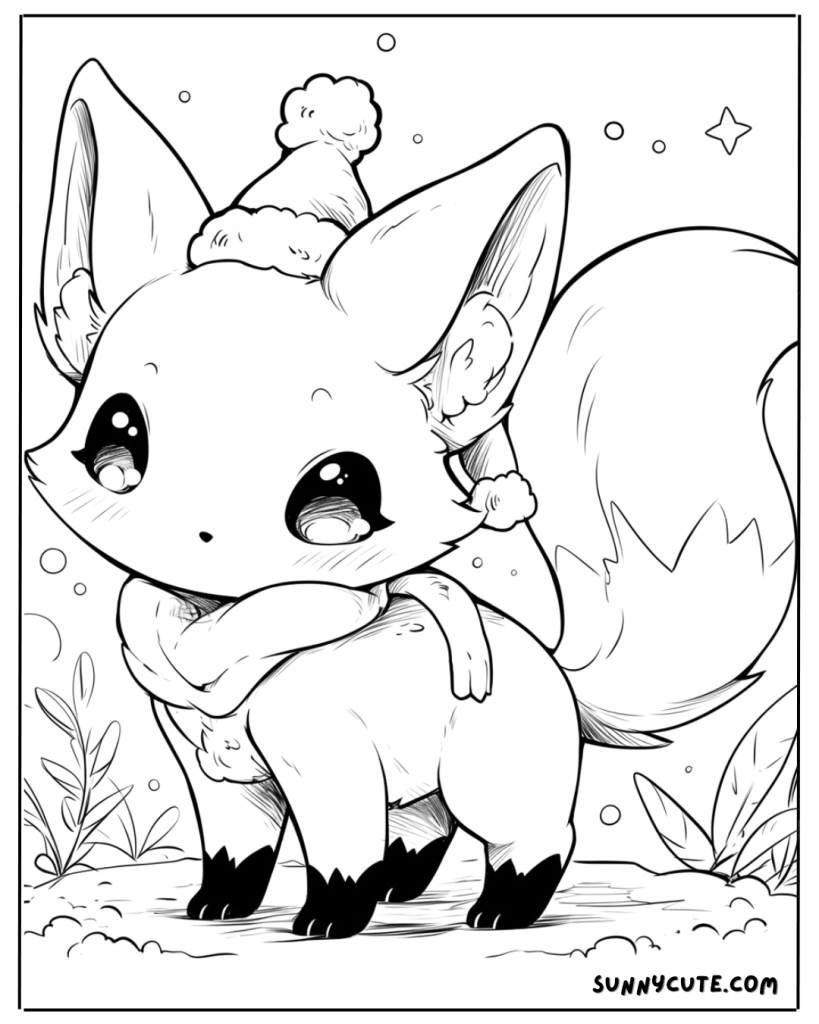 
Kawaii christmas fox coloring page