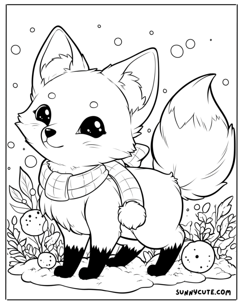 Kawaii Fox on Snowy Day Coloring Page
