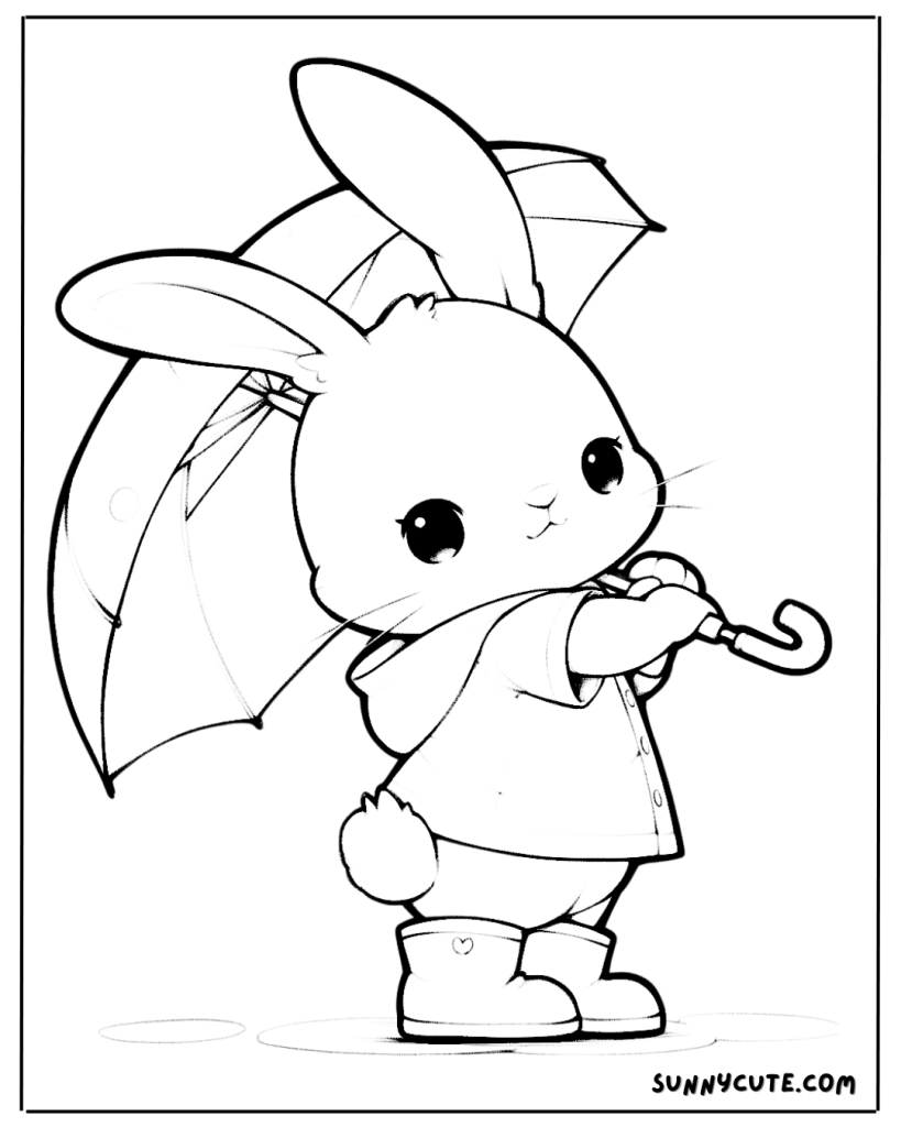 Bunny in Rain Boots and Umbrella Coloring Page