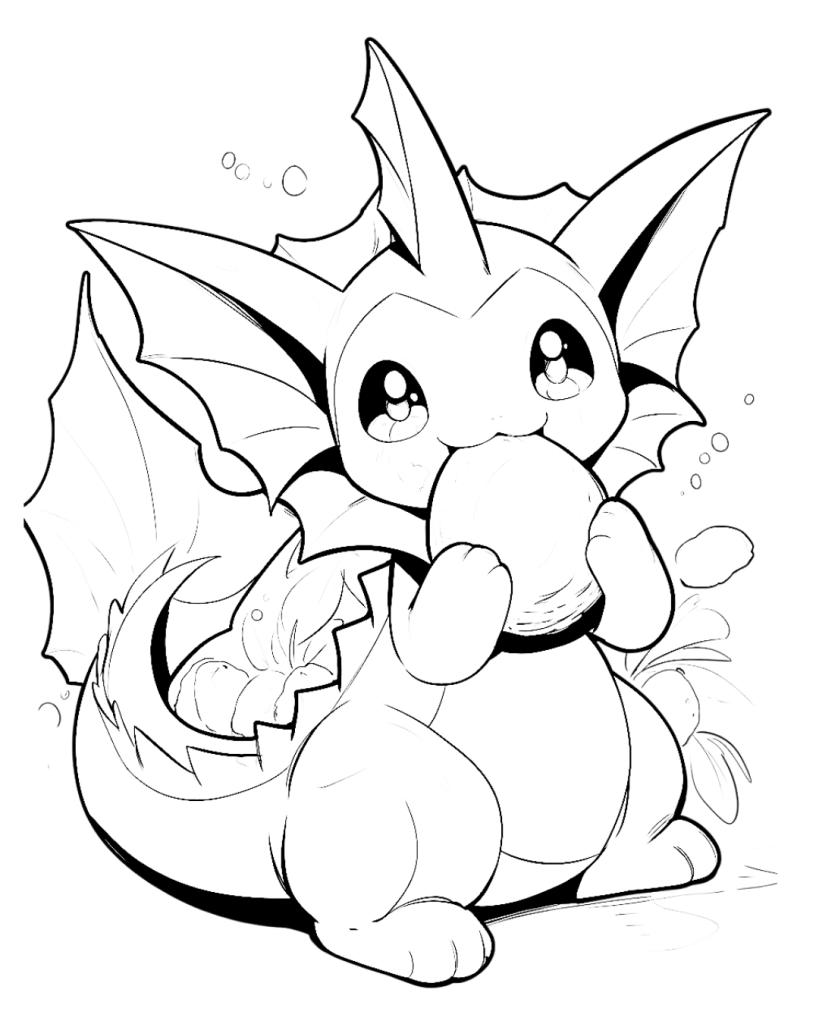 Kawaii Vaporeon Eating Fruit Coloring Page