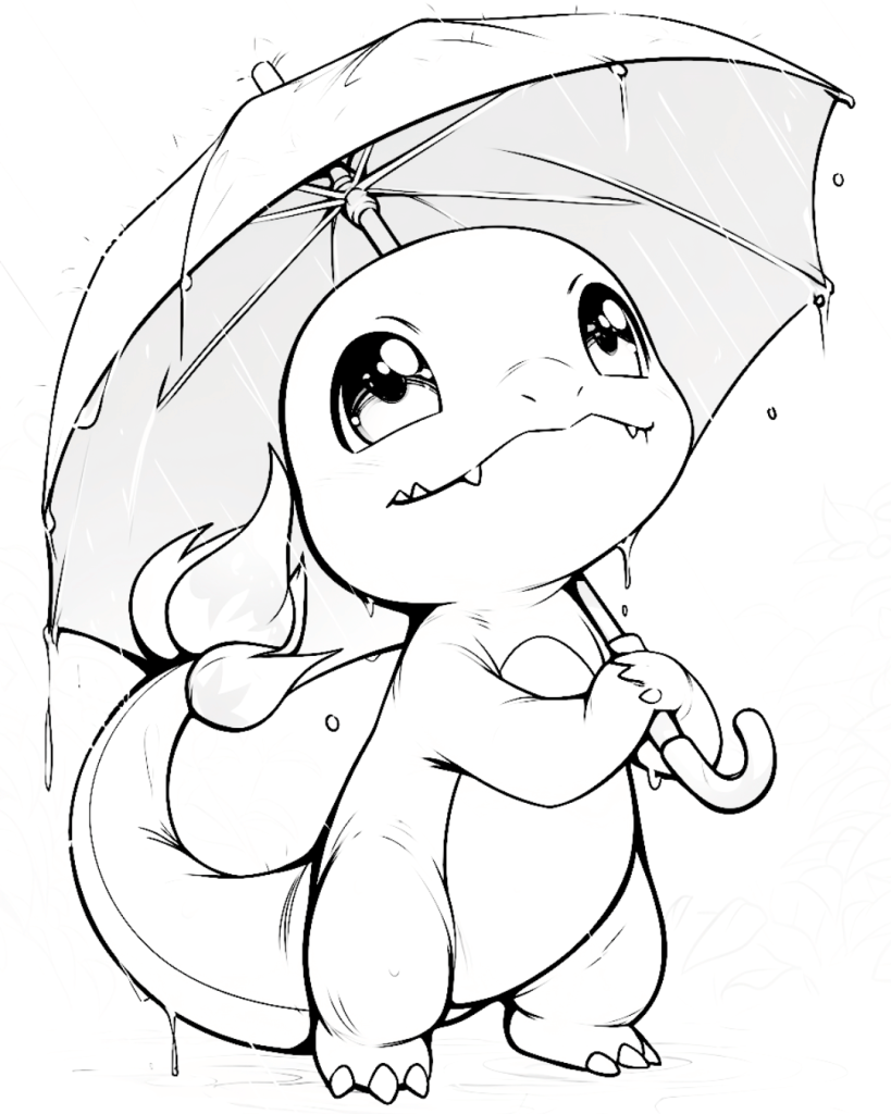 Adorable Charmander Coloring Page in a rainy day