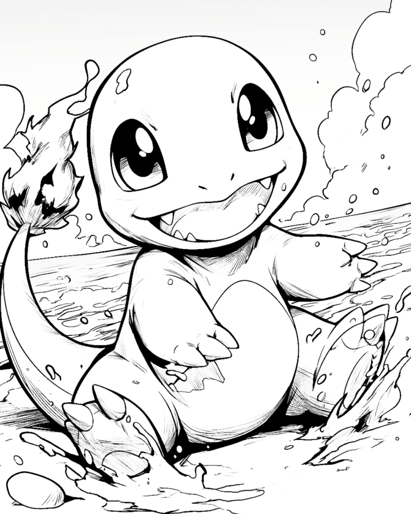 Charmander Playing in Beach Coloring Page