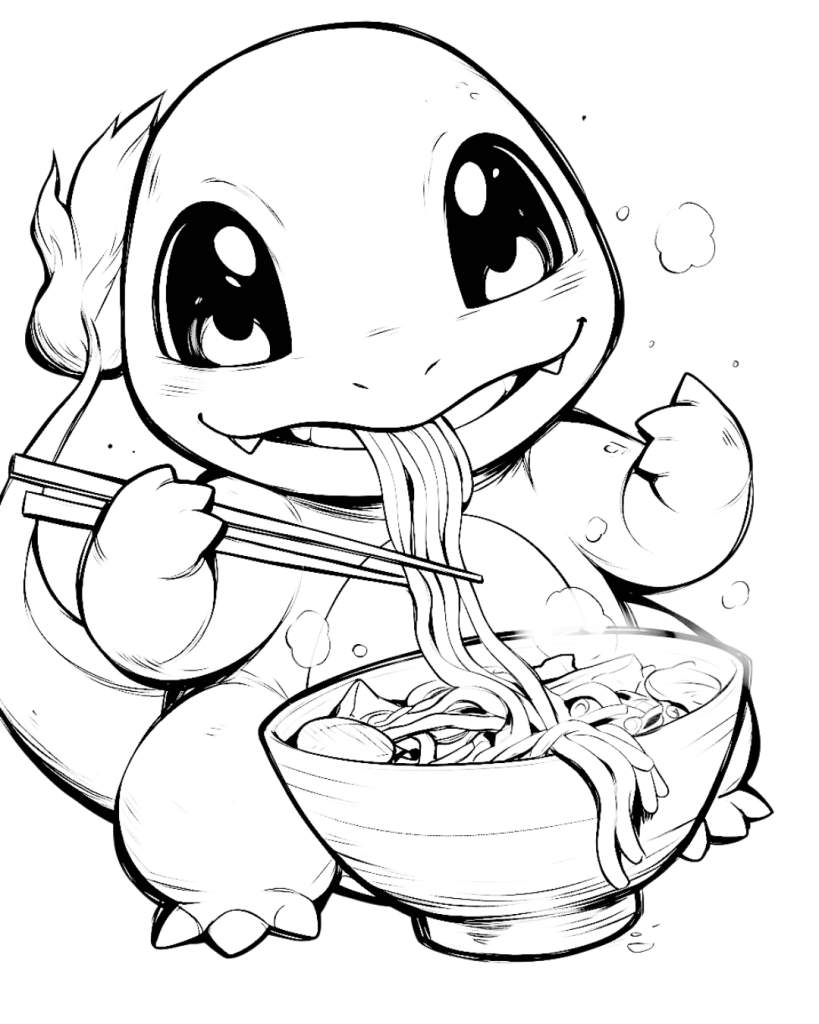 Kawaii Charmander Eating Ramen Coloring Page