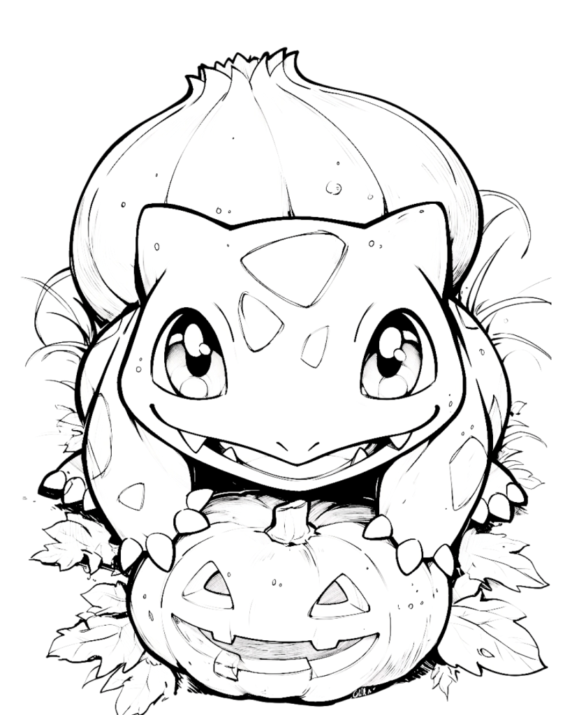 Bulbasaur with Pumpkin Coloring Page