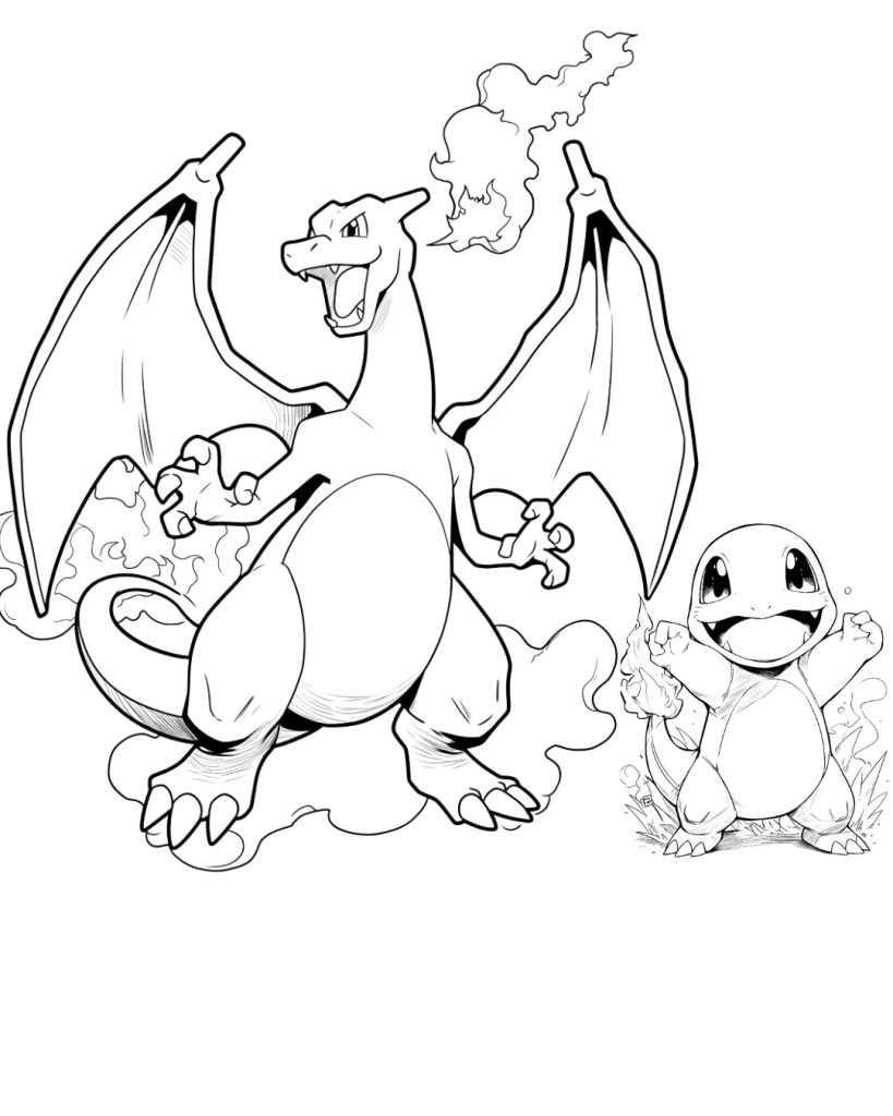 Charizard with Charmander Coloring Page