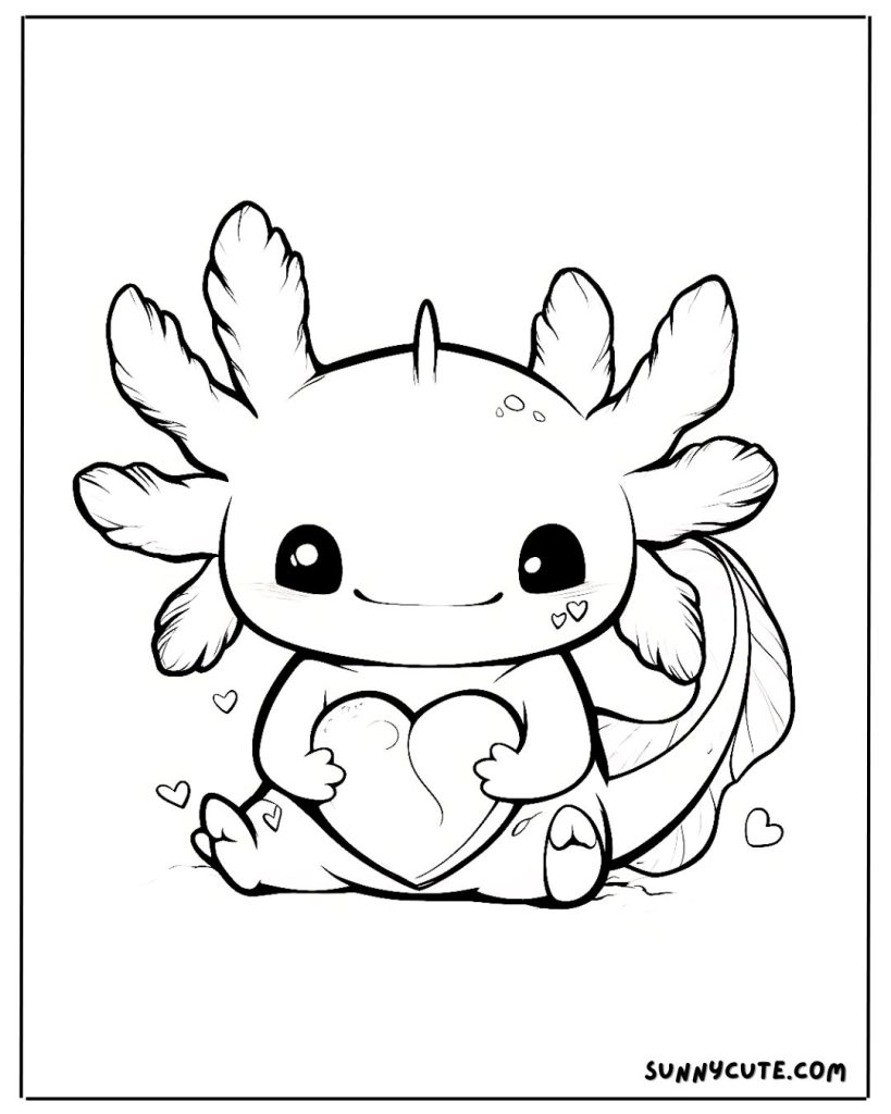 Axolotl holding heart coloring page