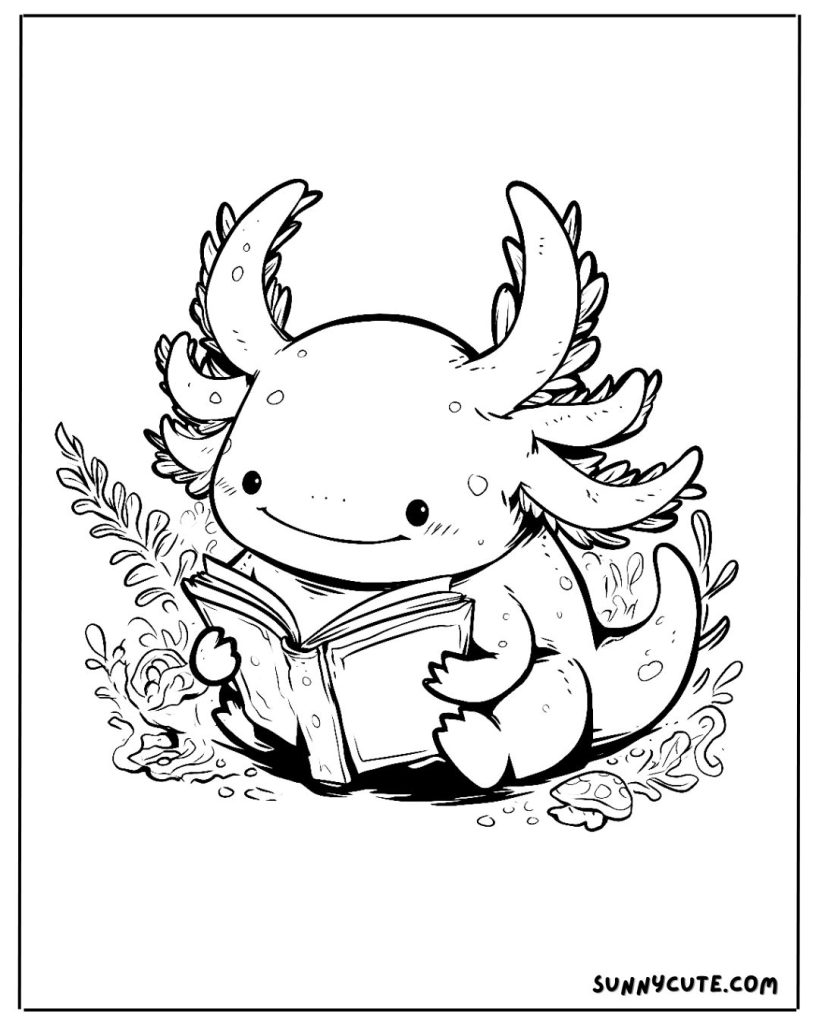 Axolotl reading book coloring page