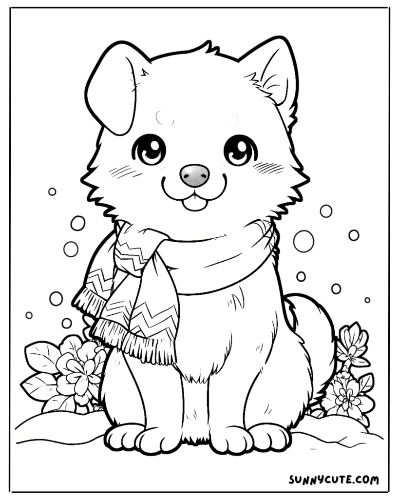 Dog on snowy day coloring page