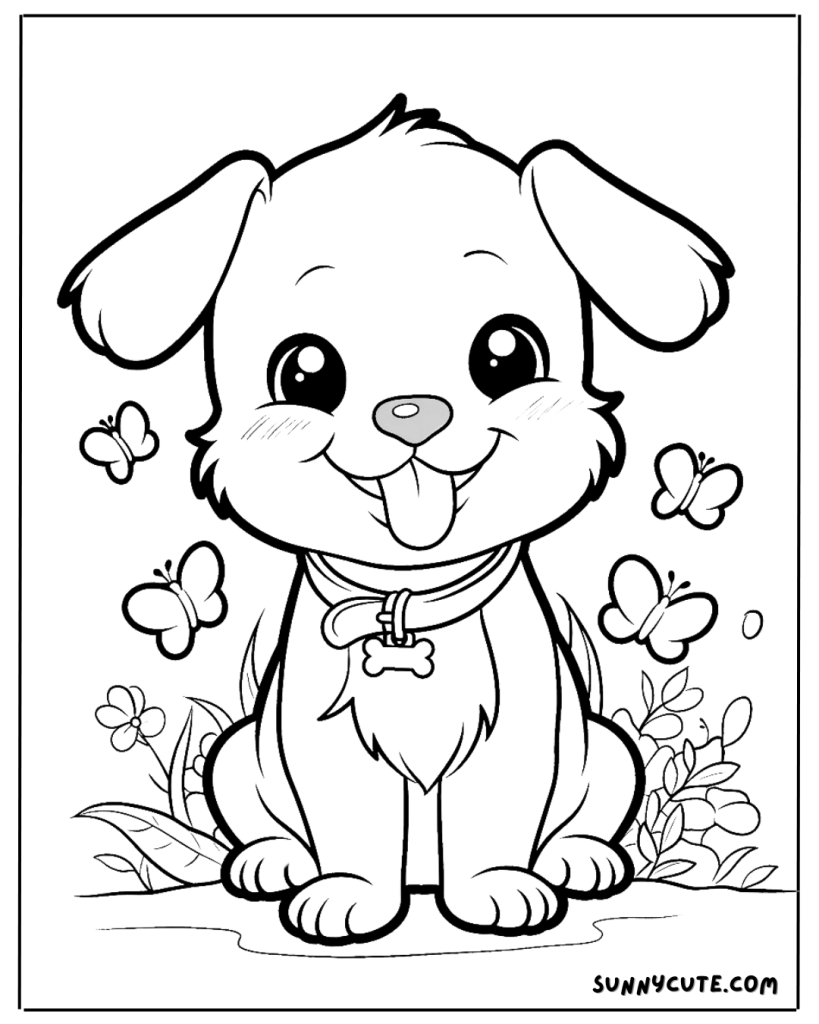 Dog with butterflies coloring page