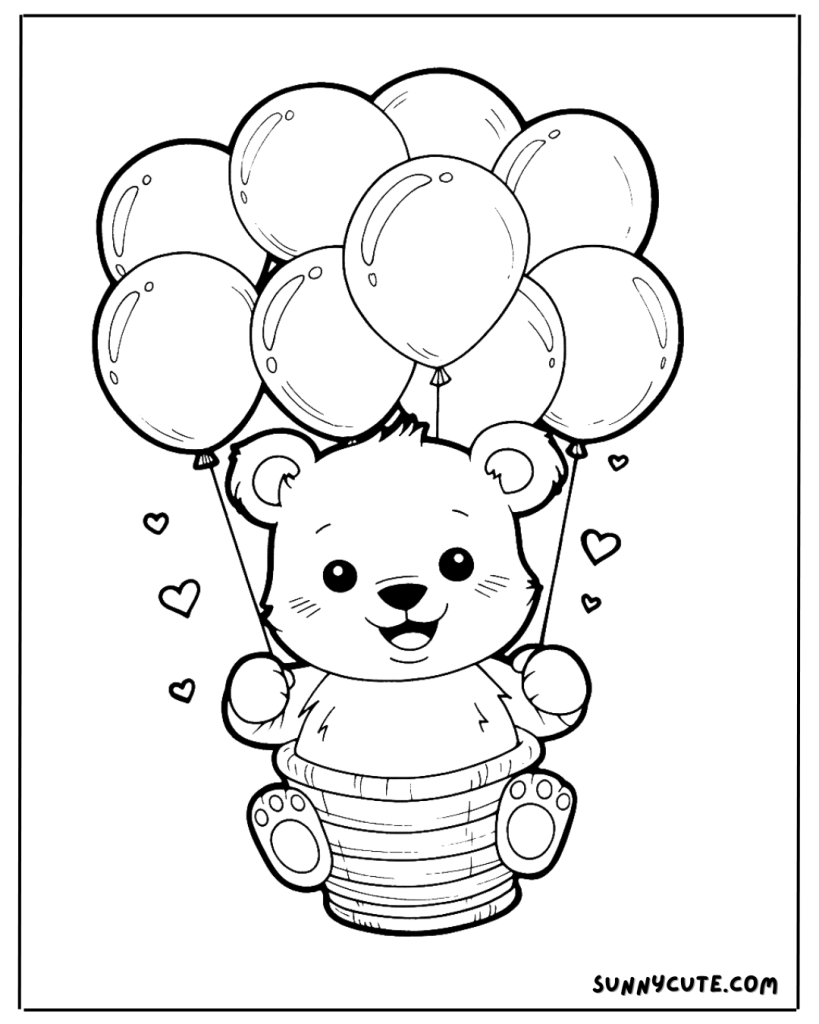 Bear with balloons coloring page