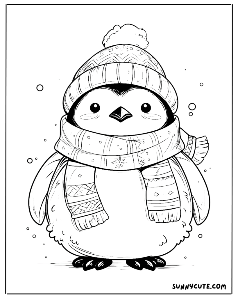 Penguin in snowy day coloring page