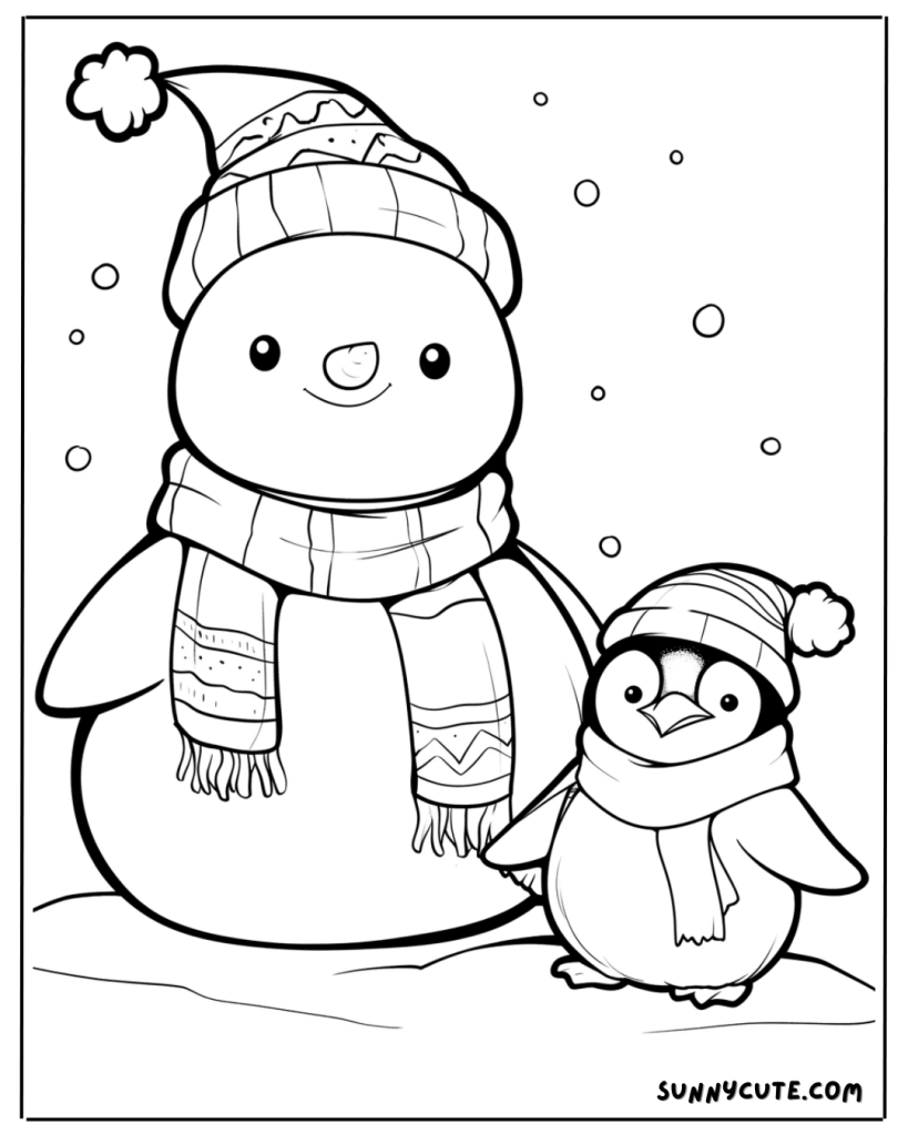 Snowman and penguin coloring page
