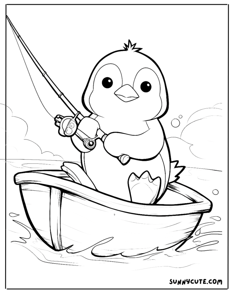 Penguin fishing coloring page