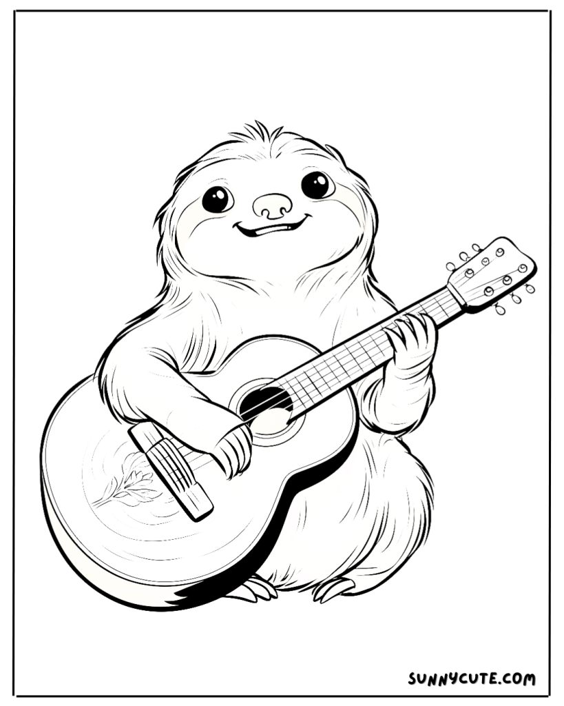 Sloth playing guitar coloring page