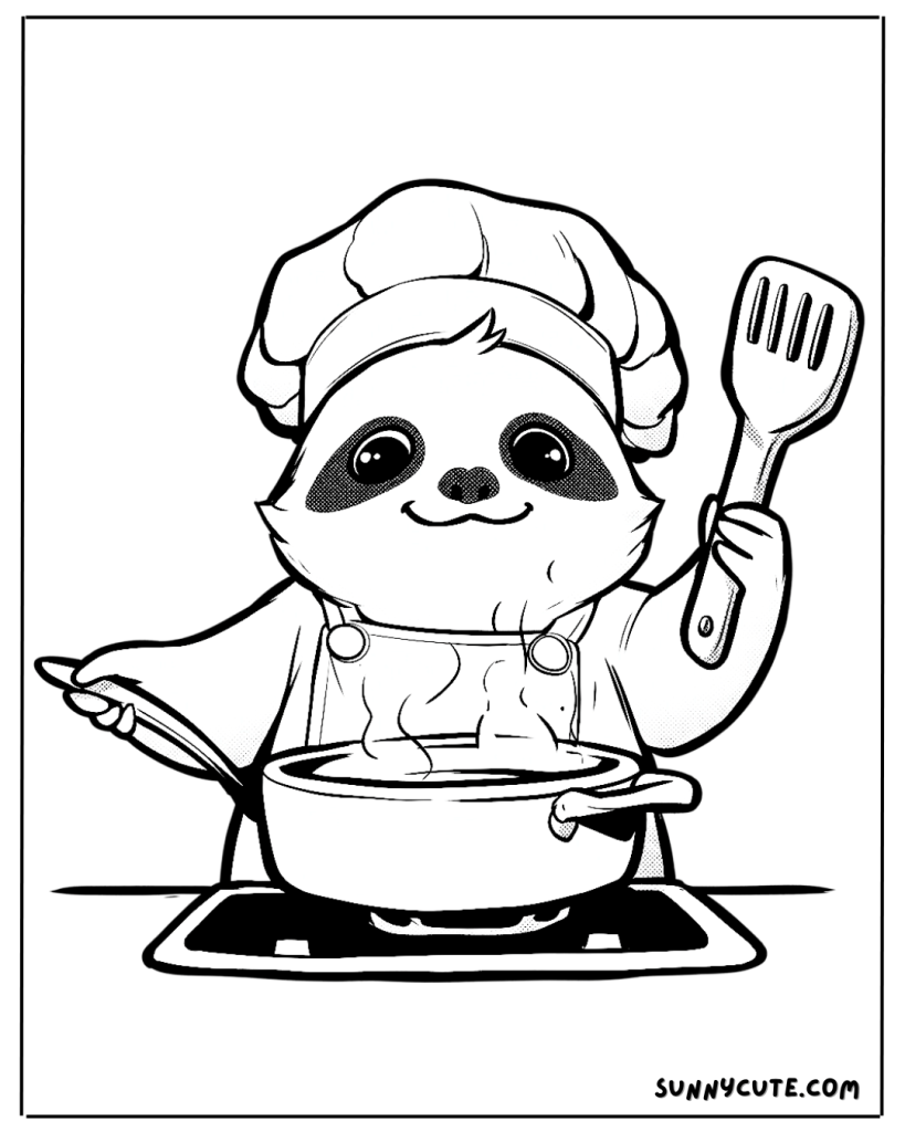 Sloth cooking coloring page