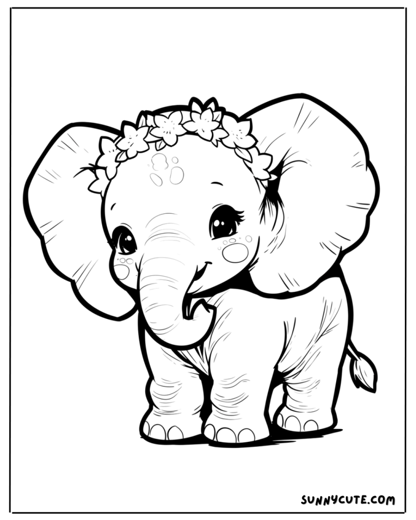 Elephant with a Flower Crown Coloring Page