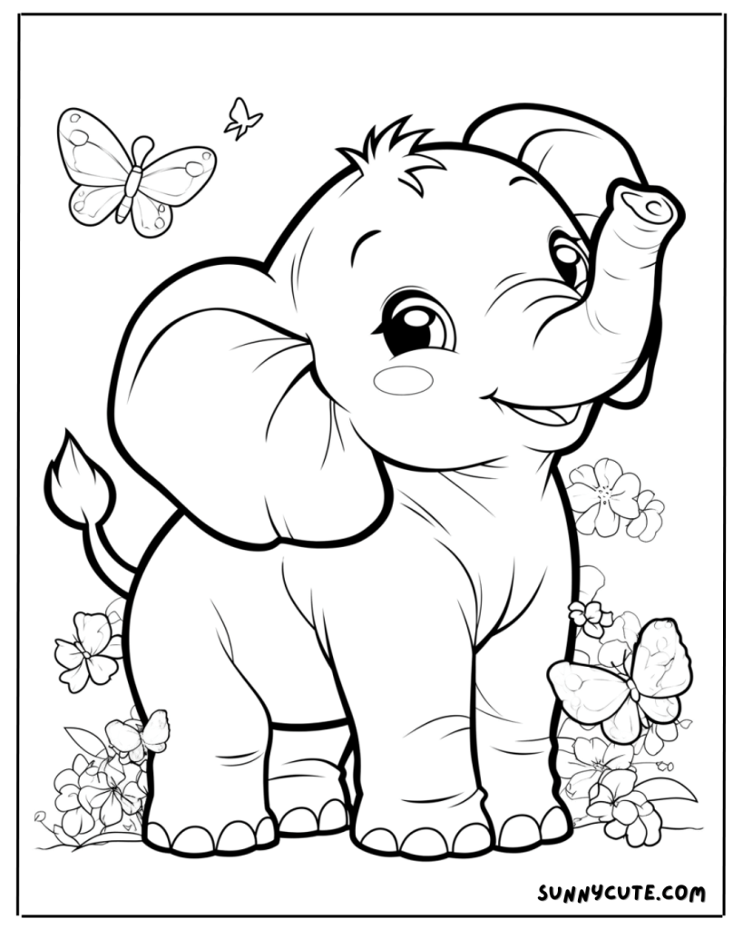 Elephant with Butterflies Coloring Page