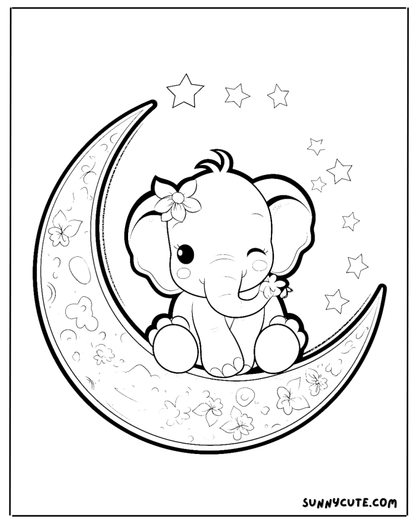 Elephant with moon Coloring Page