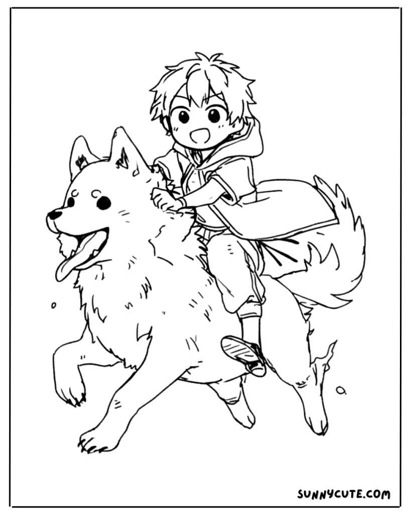 young boy riding on wolf coloring page