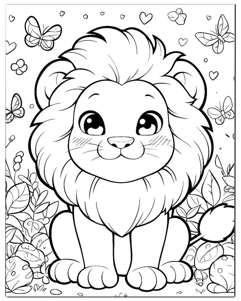 Lion with butterflies coloring page