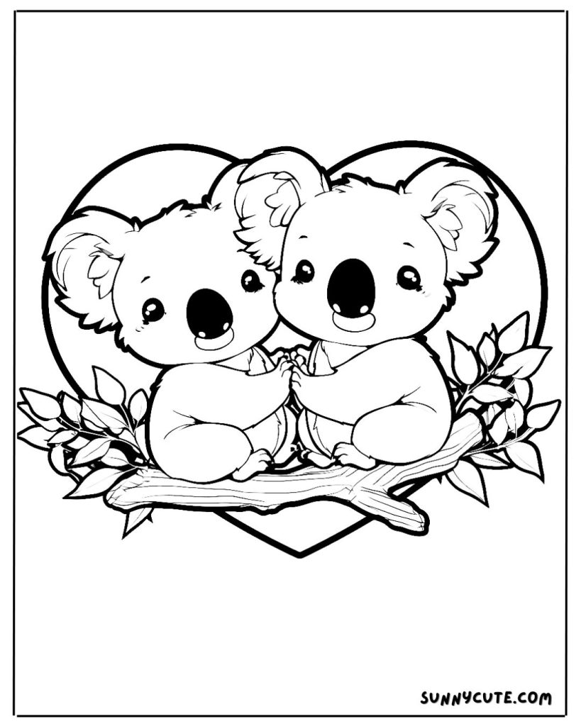 Kawaii two koala coloring page