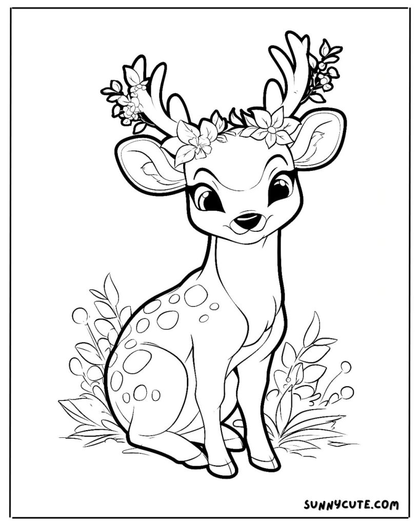 Deer with flowers crown coloring page