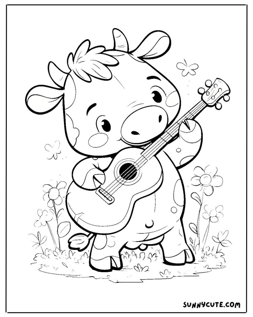 Cow playing guitar coloring page