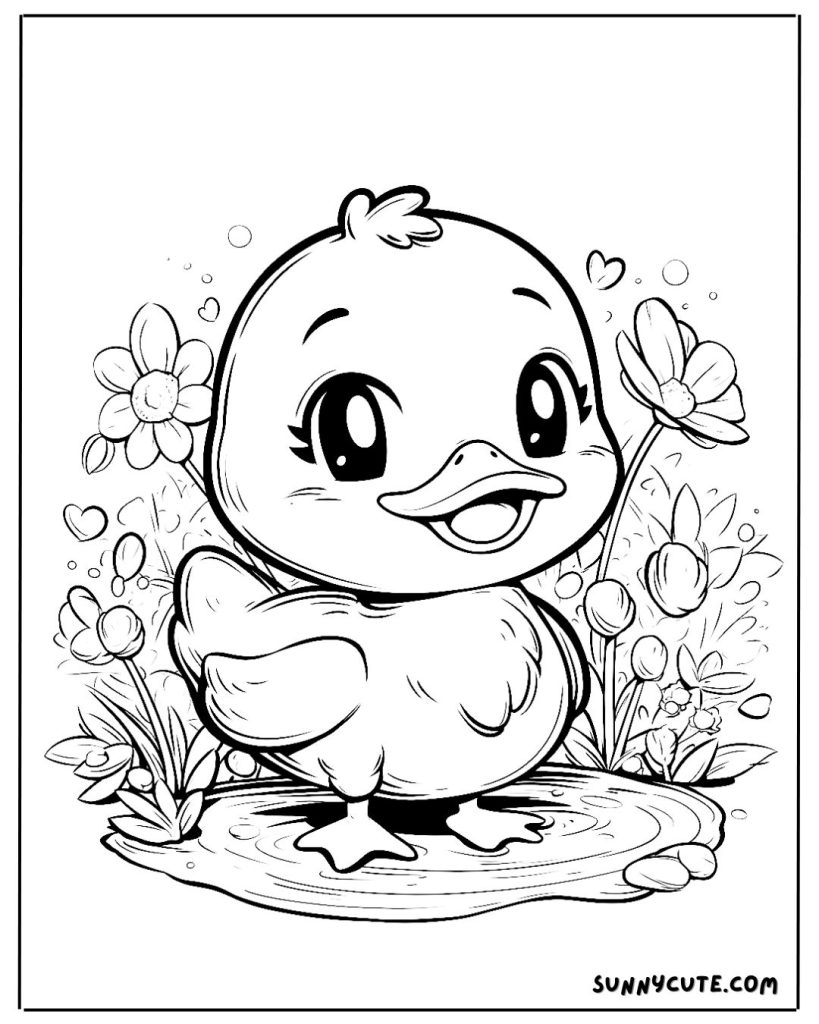 Duck with flowers coloring page